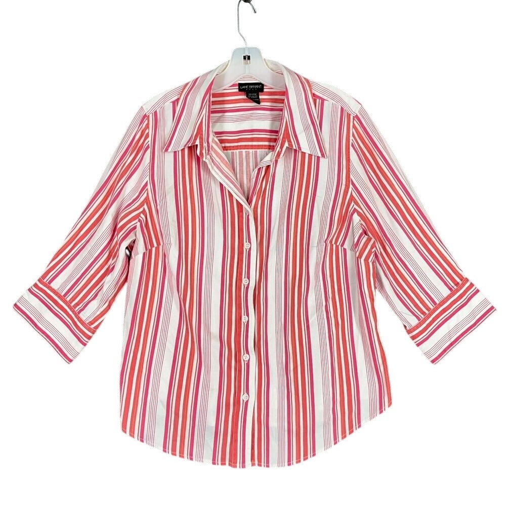 Lane Bryant Womens 3/4 Sleeve Button-front Shirt 22W/24W‎ Red Collar Stretch